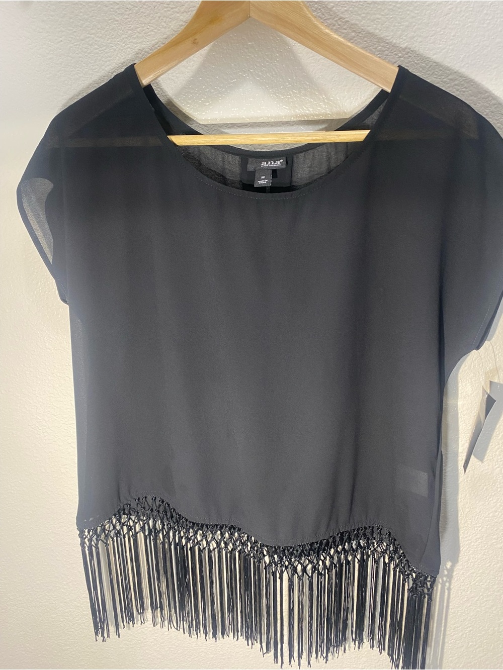Grunge -Archive a.n.a Black Sheer Short-Sleeve Blouse with Fringe Hem